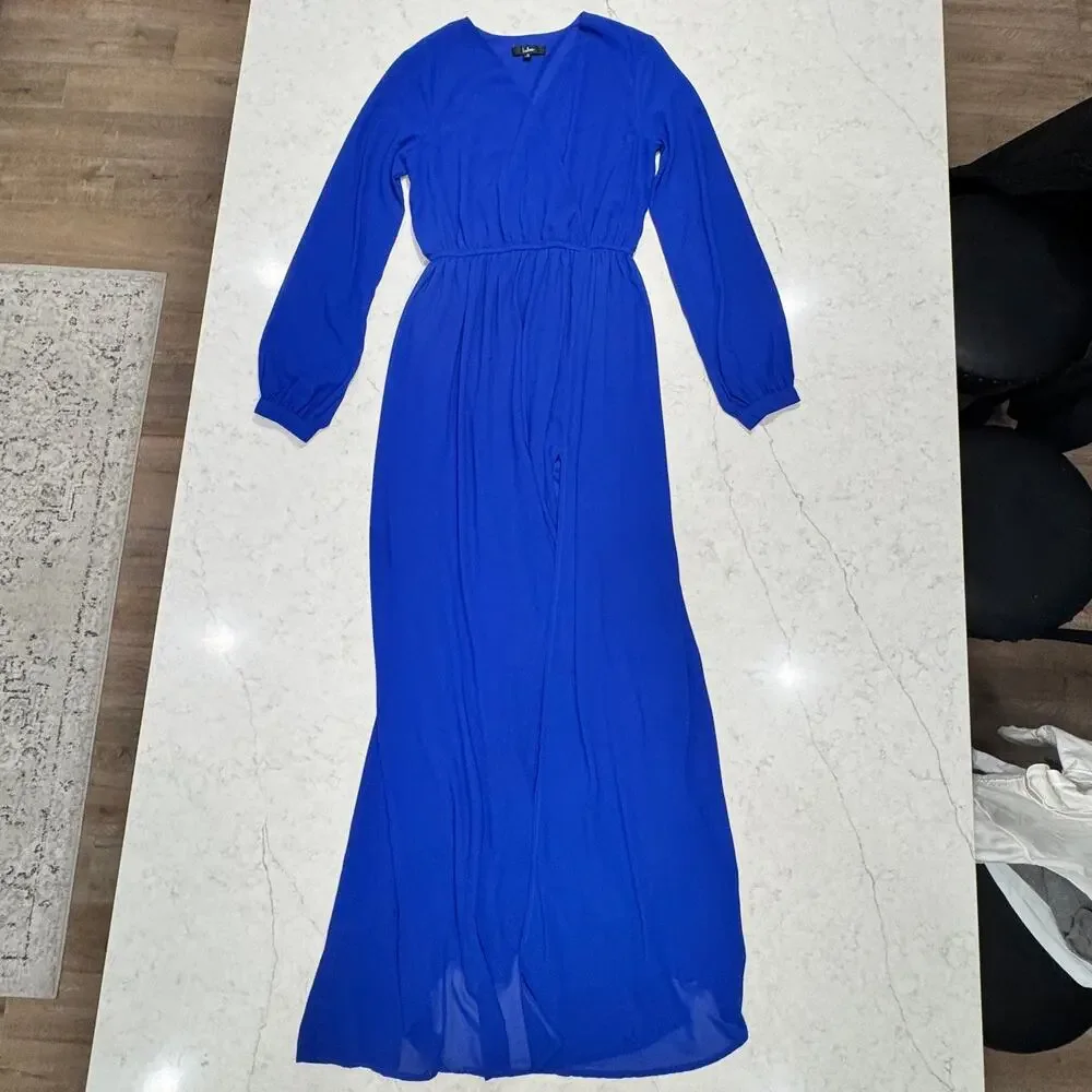 Lulus Wondrous Water Lilies Long Sleeve Maxi Dress Women’s Large Royal Blue - Picture 13 of 16